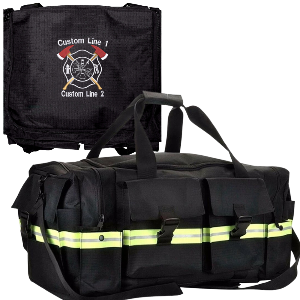 Customized Black Fire Station Duffel Bag with Crossed Axes Embroidery