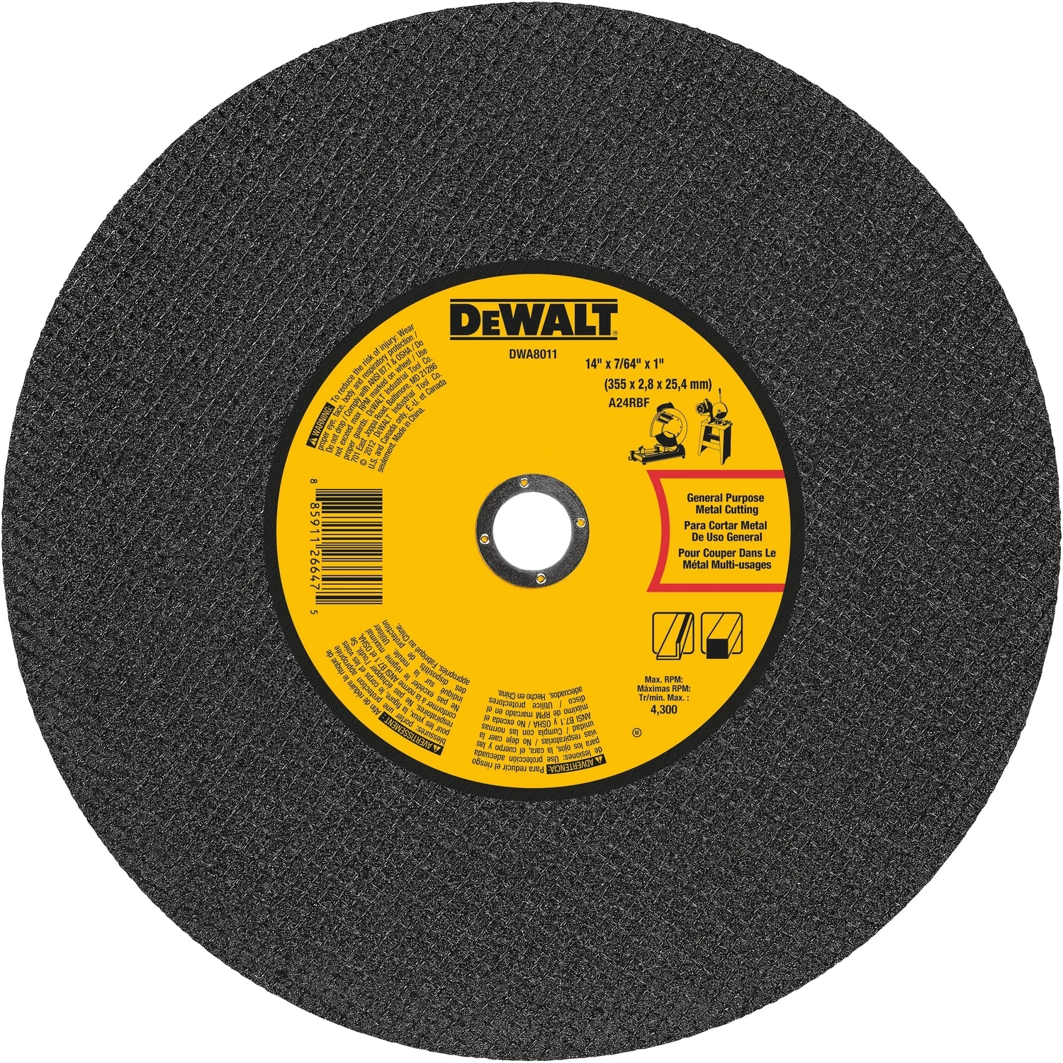 General Purpose Metal Chop Saw Wheel 14 Inch Diameter By 7/64 Inch Thickness By 1 Inch Arbor